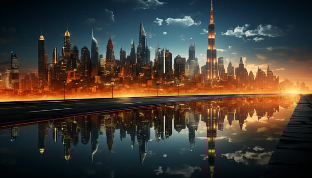 AI generated Dubai modern skyline illuminates the night cityscape generated by AI photo