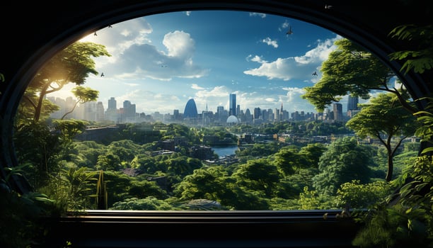 AI generated Urban skyline reflects in water, skyscrapers dominate cityscape generated by AI photo