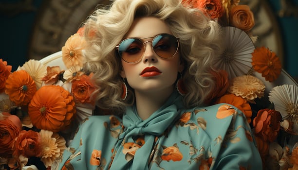 AI generated Fashionable blond woman with sunglasses, smiling outdoors generated by AI photo