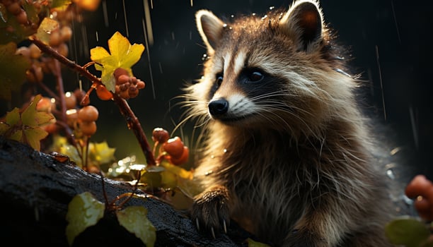 AI generated Cute raccoon sitting on branch in autumn forest generated by AI photo
