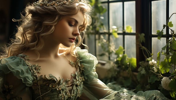 AI generated Young adult woman in elegant fashion dress outdoors generated by AI photo