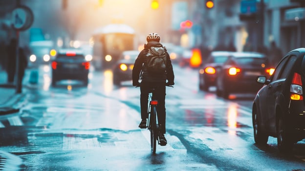 AI generated Cyclist riding a bike on a rainy day in the city photo