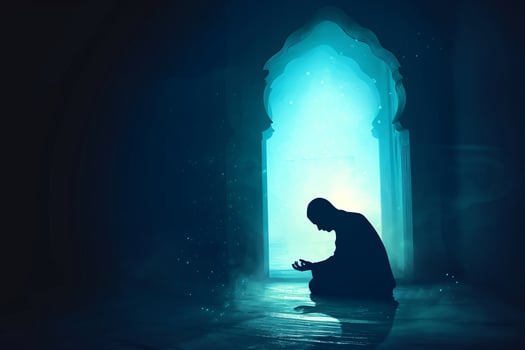 AI generated Moslem man silhouette doing salat praying for Allah inside the mosque at night, tahajjud. Blue dark night. photo
