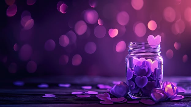 AI generated Purple glowing hearts around a jar create a romantic Valentine backdrop, Ai Generated photo