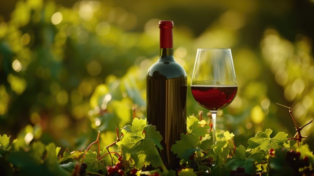 AI generated Generative AI, red wine bottle mock up with wine glass on vineyard landscape in the sunshine, copy space and place for logo photo