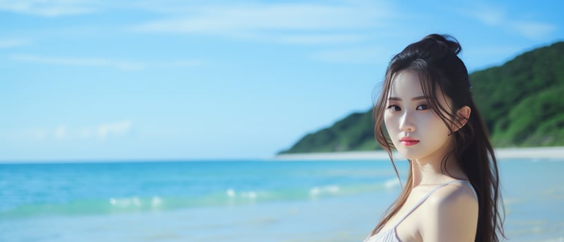 AI generated Serene Beach Portrait of Asian Woman photo