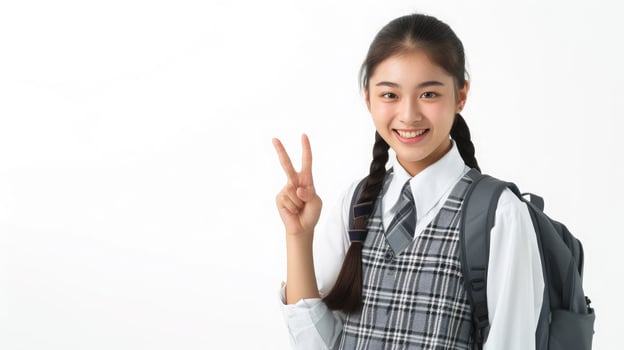 AI generated Happy pretty Asian student girl in school uniform pointing finger up isolated on white background. photo