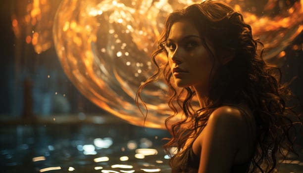 AI generated Young woman with long brown hair enjoys the sunset outdoors generated by AI photo