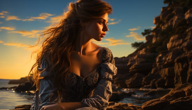 AI generated Young woman enjoying the sunset outdoors, her long hair flowing generated by AI photo