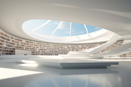 AI generated Futuristic design of a large library hall with a large panoramic window in a roof photo
