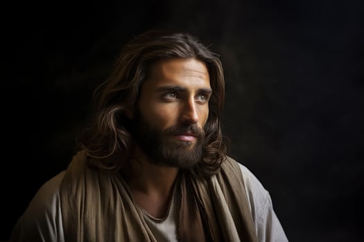 AI generated Pensive Jesus Christ on black background photo