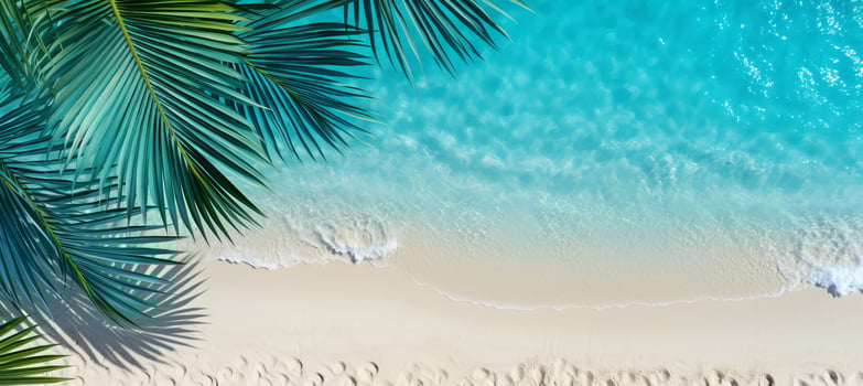 AI generated Tropical palm leaf shadow on water surface and beach sand, top view, summer vacation background photo