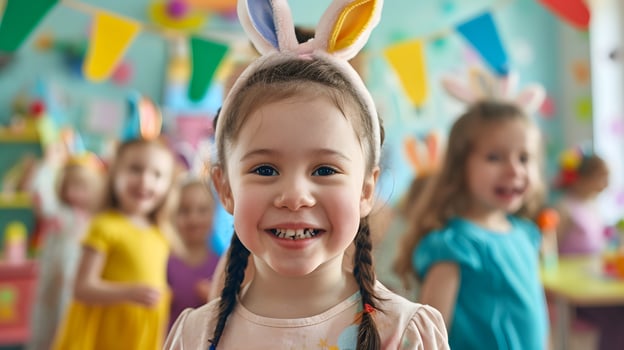 AI generated Happy girl in bunny ear celebrating easter festival photo