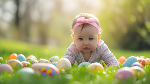 AI generated Happy baby girl and colorful easter eggs on grass photo