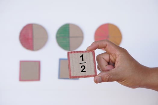 Hand hold paper card with fraction numbers. Circle paper show parts of color separation. Concept, Math teaching. Education. DIY craft as teaching aid in Math subject. photo