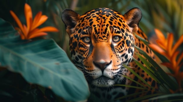 AI generated A beautiful jaguar looks straight into the camera photo