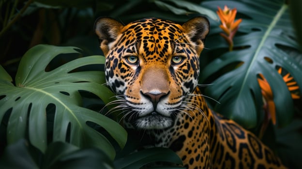 AI generated A beautiful jaguar looks straight into the camera photo