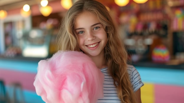 AI generated A girl holds a large pink cotton candy in her hands photo