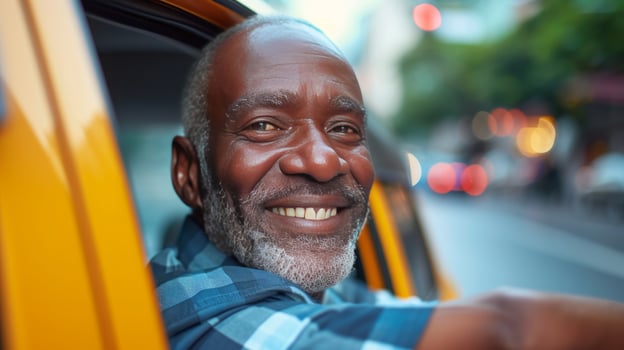 AI generated Taxi driver smiling and looking at the camera from the window of his car photo