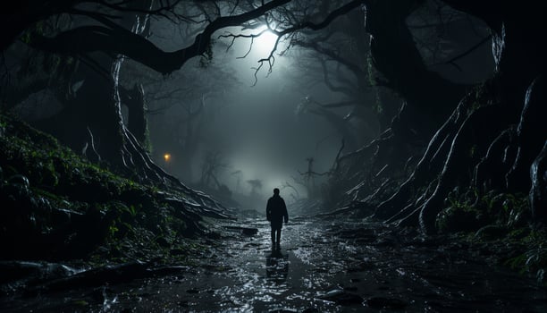 AI generated Spooky silhouette walking through dark forest at night generated by AI photo