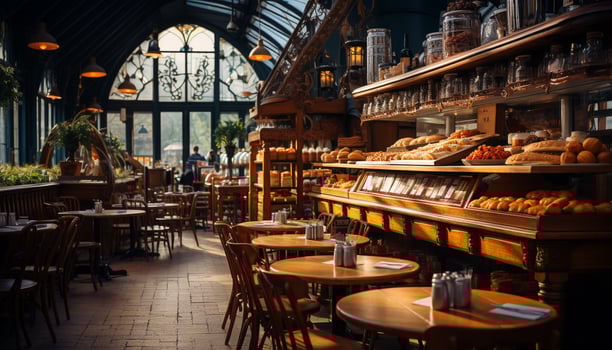 AI generated Inside a French coffee, wood tables display food generated by AI photo