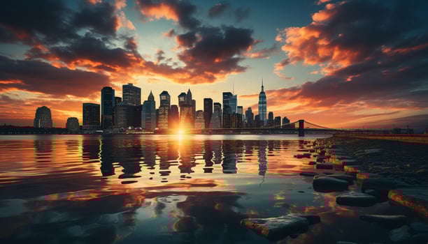 AI generated Silhouette of skyscrapers reflect on waterfront at dusk generated by AI photo