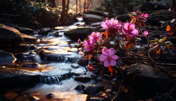 AI generated Freshness of nature, green leaves, flowing water generated by AI photo