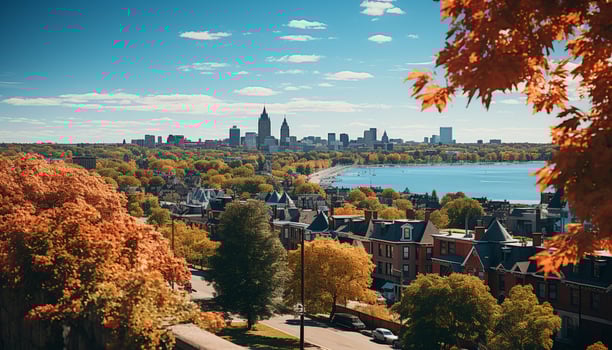 AI generated Autumn cityscape, leaf filled skyline, vibrant colors, sunset generated by AI photo