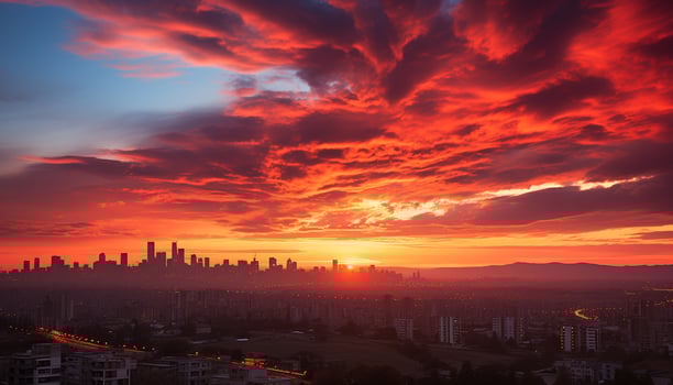 AI generated City skyline at dusk, illuminated skyscrapers reflect sunset generated by AI photo
