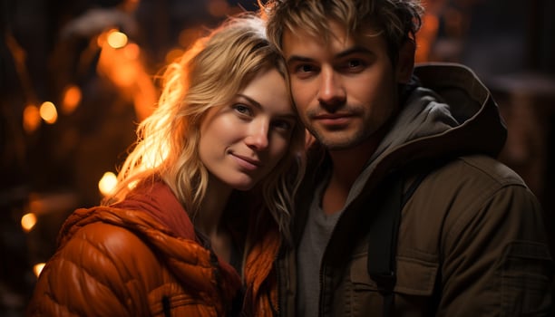 AI generated Smiling couple embracing, enjoying winter nature together generated by AI photo