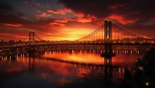 AI generated Vibrant sunset reflects on city famous bridge generated by AI photo