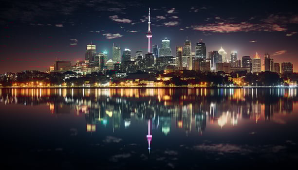 AI generated Bright skyline reflects on water, illuminating city life generated by AI photo