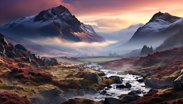 AI generated Majestic mountain peak reflects tranquil sunset sky generated by AI photo
