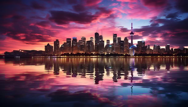 AI generated Skyscrapers reflect vibrant sunset on city waterfront generated by AI photo