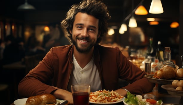 AI generated Smiling man enjoying food and drink at bar generated by AI photo