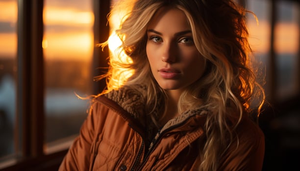 AI generated Young woman looking at camera, smiling outdoors generated by AI photo