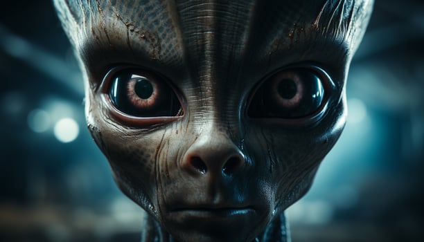 AI generated Spooky alien cyborg looking at camera in darkness generated by AI photo