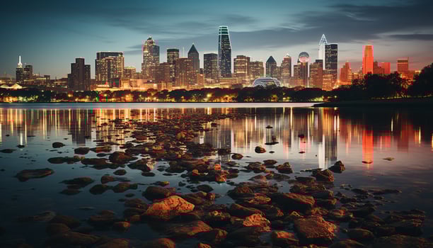 AI generated Vibrant city skyline reflects on tranquil waterfront generated by AI photo