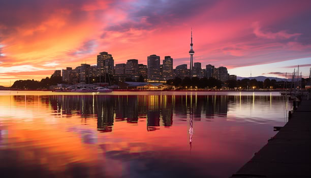 AI generated City skyline reflects in water at dusk generated by AI photo