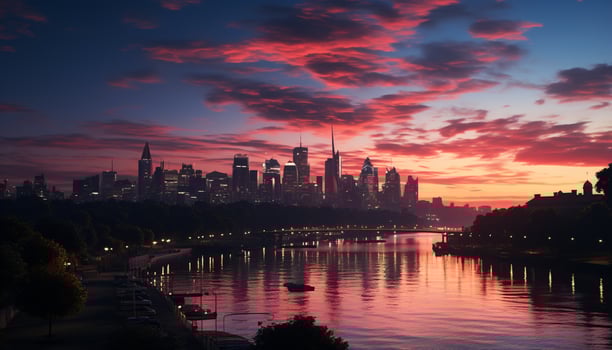 AI generated Cityscape at dusk, skyscrapers reflecting in waterfront generated by AI photo