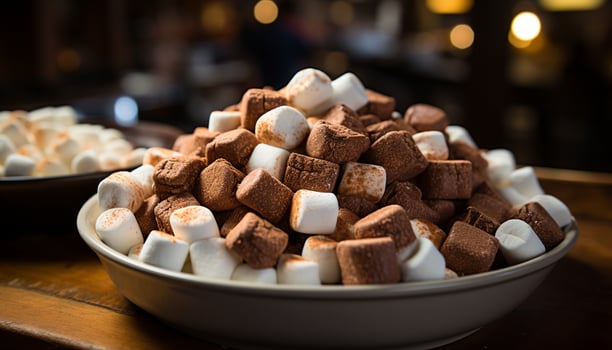 AI generated Stack of fluffy marshmallows on wooden table generated by AI photo