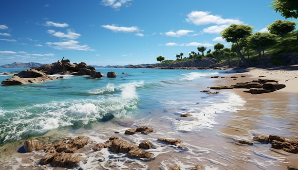 AI generated Tropical coastline, blue water, wave, rock, tranquil scene generated by AI photo