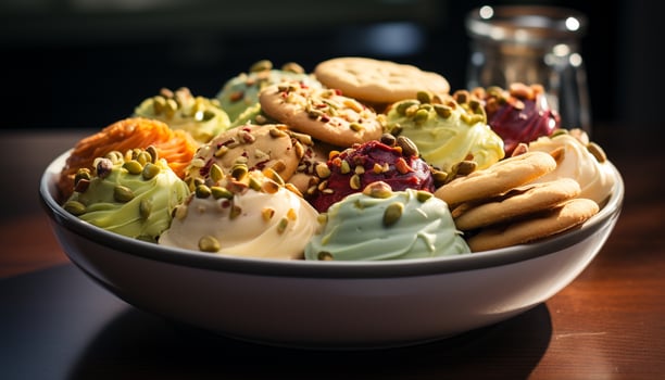AI generated Gourmet dessert on wooden table, indulgence and temptation generated by AI photo