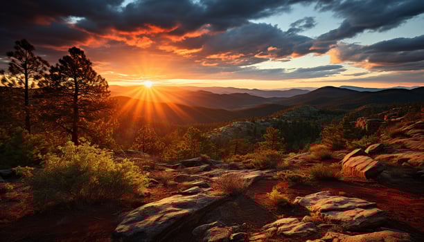 AI generated Sunset over mountain peak, nature tranquil beauty generated by AI photo
