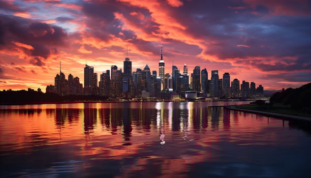 AI generated Cityscape at sunset, skyscrapers reflect in twilight water generated by AI photo