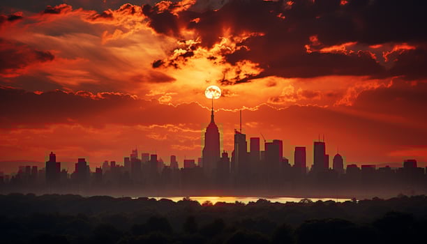 AI generated Silhouette of skyscrapers glow in vibrant sunset generated by AI photo