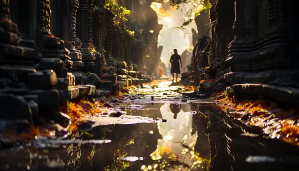 AI generated One person walking in the old forest generated by AI photo