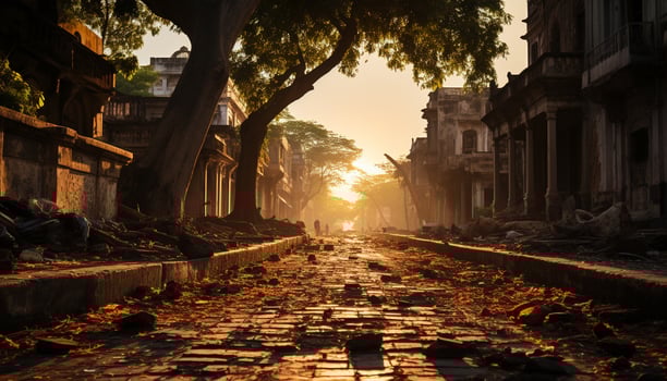 AI generated Ancient ruins, dusk, city life, old fashioned, spooky generated by AI photo