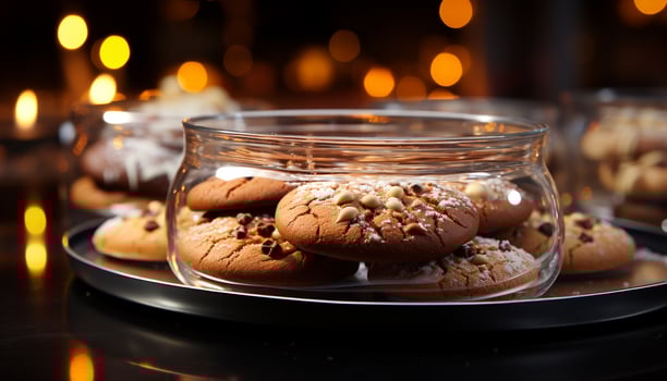 AI generated Homemade chocolate chip cookies on rustic wooden table generated by AI photo