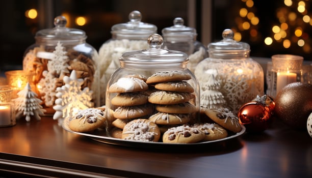 AI generated Homemade chocolate chip cookie on rustic winter table generated by AI photo